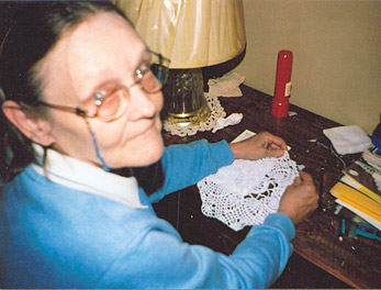 Busy Barb crocheting doilies